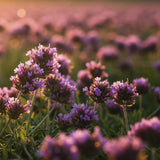 Close-up of purple flowers with a blurred field in the background