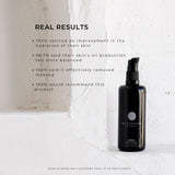 Black bottle with a white label on a light gray background, featuring text about product effectiveness.